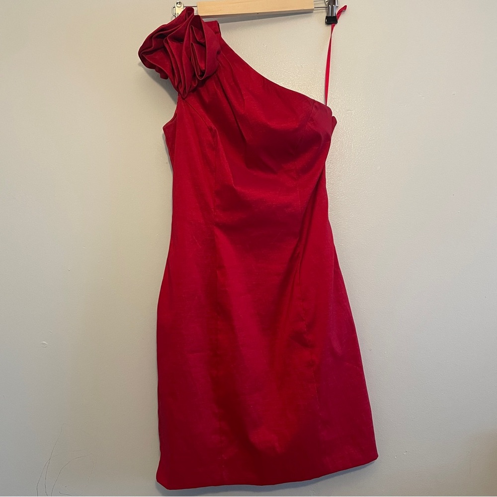 Cache Size 6 True Red One Shoulder Rosette Rose Event Dress Mid Length